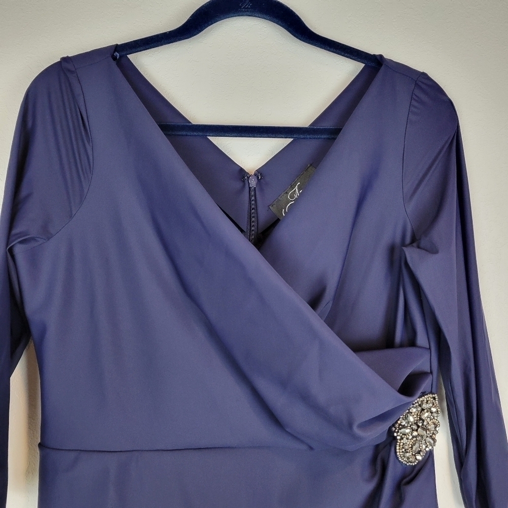 NWT Alex Evenings Surplice Sheath Dress Beaded Hip & Cascade Ruffle Dress Navy - Picture 6 of 14
